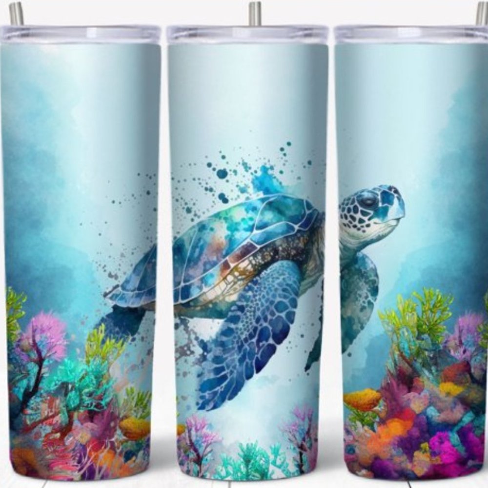 "Turtle in Sea of Coral" Tumbler - 20oz Stainless steel Skinny Cup - w L…